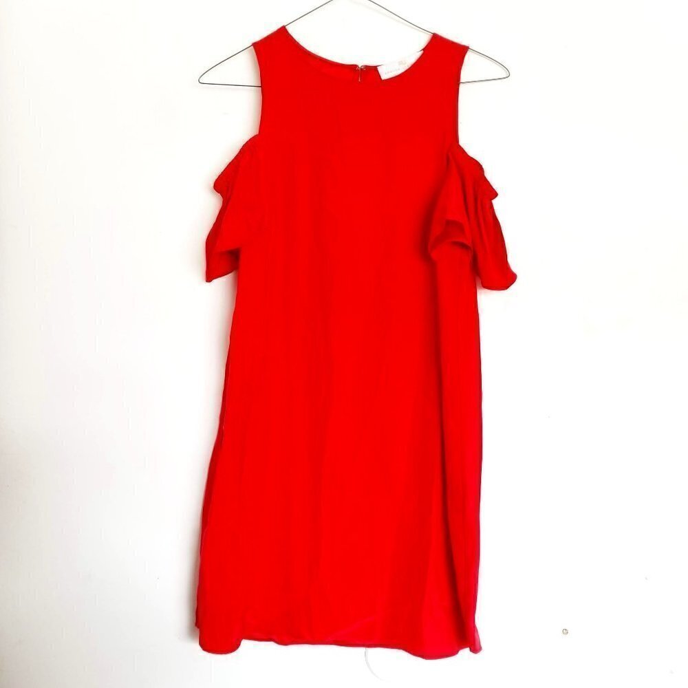 NEW Amanda Uprichard Red Silk Cold Ruffle Shoulder Shift Mini Dress Size Small
